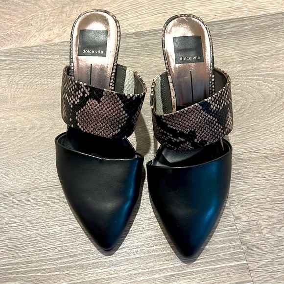 Dolce Vita Shoes - Dolce Vita Black Pointed Mule Heels with Snake-Print Strap